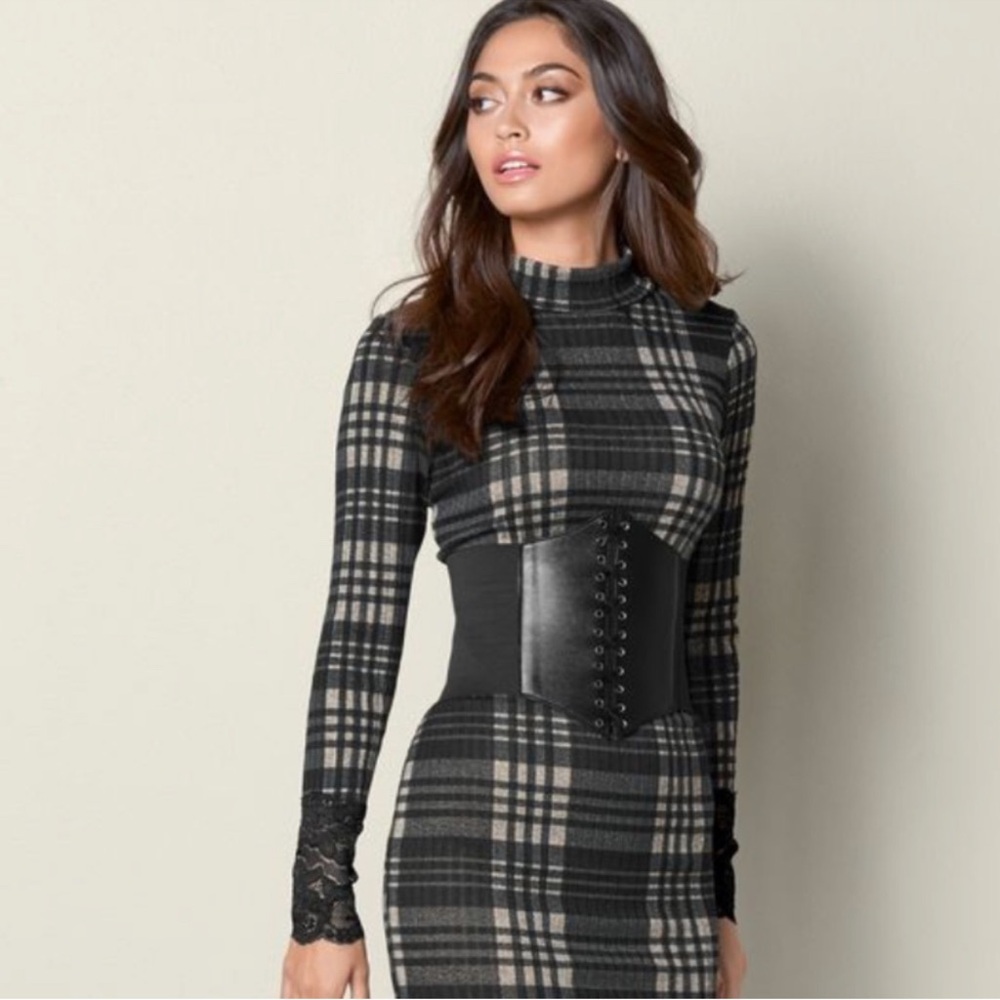 Venus Plaid bodycon maxi Long Sleeve Dress, mock neck, knit lace, size 1X